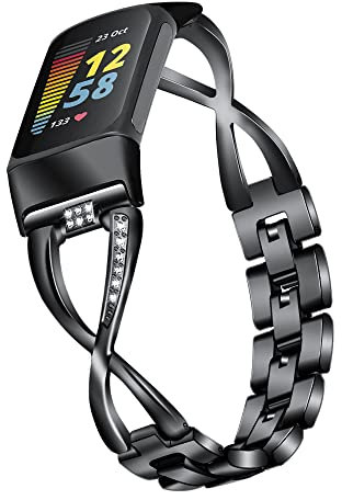 FitTurn Compatible with Fitbit Charge 5 Bands for Women Girl Metal Replacement Charge 5 Band Wristbands Strap with Bling Crystal Diamond Rhinestone Bracelet Bangle for Charge 5 (Black)