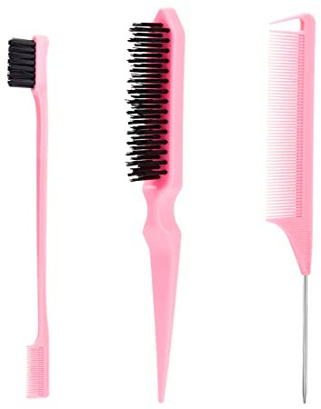 SWEET VIEW 3 Pcs Slick Back Hair Brush Set with Edge Brush, Bristle Brush, Rat Tail Comb, Teasing Brush Set for Smoothing Baby Hair & Flyaways - Pink