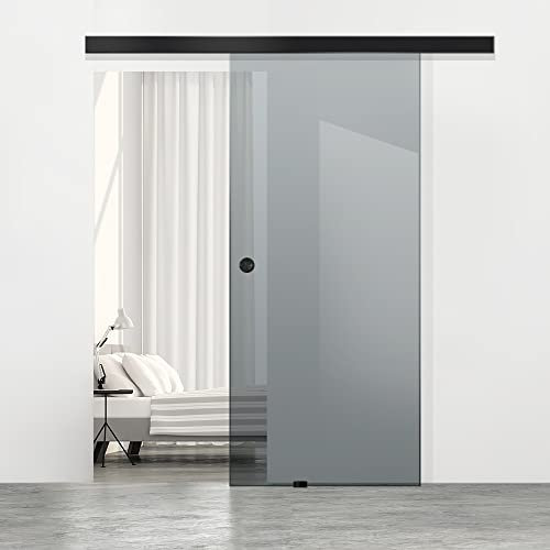 BOSS Black Porta Scorrevole in vetro 60x215 cm (60/80/90 cm) 8 mm, vetro Grigio, kit hardware complete nero opaco (60x215 cm)