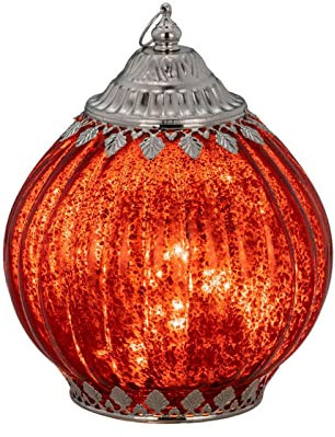 Deko-Glaslaterne rot - 19 x 15 cm verzierte Laterne im Glockenstil mit 8er LED-Lichterkette, An/Aus-Schalter & Aufhänge-Ring - stimmungsvolle Tisch- & Hängedeko für Weihnachten & Geschenkidee