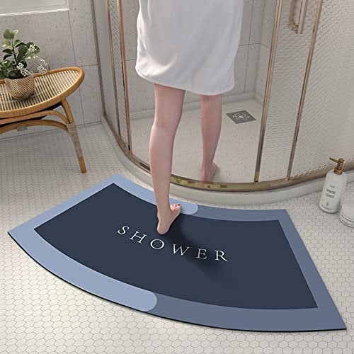 MOTT 50 Curved Shower Mat for Quadrant Shower Stall,Absorbent Diatom Mud Quick Drying Non-slip Bath Mat,Semi-Circular Bathroom Foot Mat for Round Showers, Dark Blue