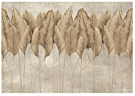 WallArena - Vlies Fototapete Blätter beige Palmenblätter Federn Betonoptik 368x254 cm - Fototapeten - Tapeten - für Wohnzimmer Schlafzimmer - Vliestapete Wandtapete Tapete 3D Effekt- inkl. Kleister
