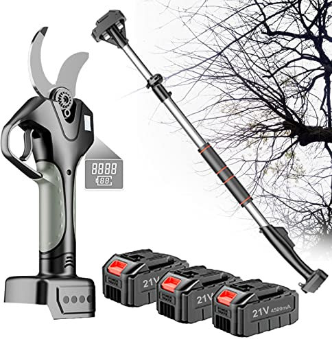 VUSNPL Cesoia elettrica a batteria Forbici potatura per alberi 45mm con asta di estensione,Potatore elettrico di rami,Forbice Elettriche professionali, 2/3 batterie