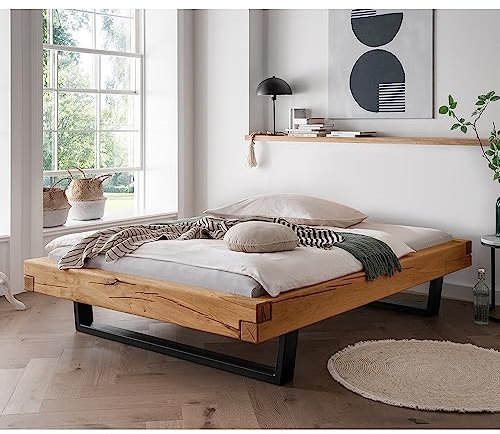 Lomadox Massivholz Doppelbett, 160x200 cm, Eiche massiv, ohne Kopfteil, Schwarze Metallkufen, B/H/T ca. 178/42/228 cm