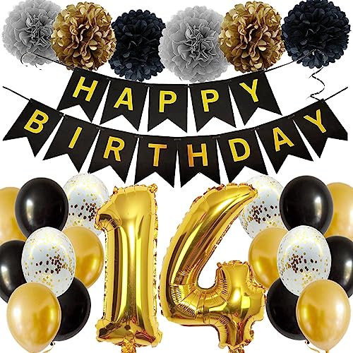 Feelairy Ballons 14. Geburtstag Deko Mädchen, Schwarz Gold Geburtstagsdeko 14 Jahre Junge, Happy Birthday Deko Konfetti Luftballons Deko 14 Geburtstag Mädchen Junge 14 Geburtstag Deko Kinder
