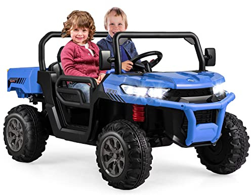 COSTWAY Kinder Elektroauto 2 Sitzer, 12V Kinderauto mit elektrischer Kippmulde, Schaufel & 2,4GHz Fernbedienung, Elektrofahrzeuge mit Musik, Hupen und Scheinwerfer, für Kinder ab 3 Jahren (Blau)