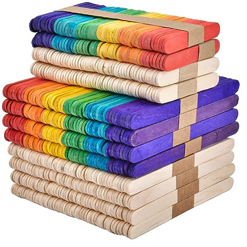 BUYGOO 600 Stück Eisstiele Holz, Holzstäbe zum Basteln, Eisstiele Bunt, Holzstäbchen, für Popsicle Herstellen, DIY Handwerk Bastelarbeiten, Backen, Geschenke, Gartenetiketten - Natürlich & Bunt