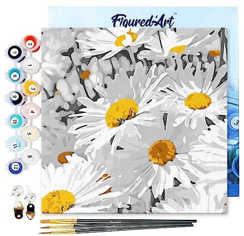 Figured'Art Mini Malen Nach Zahlen Erwachsene Mit Rahmen 20x20cm Kleines Format - Hübsche Gänseblümchen - Paint by Numbers Basteln DIY Bastelset Leinwand gespannt auf Holzrahmen