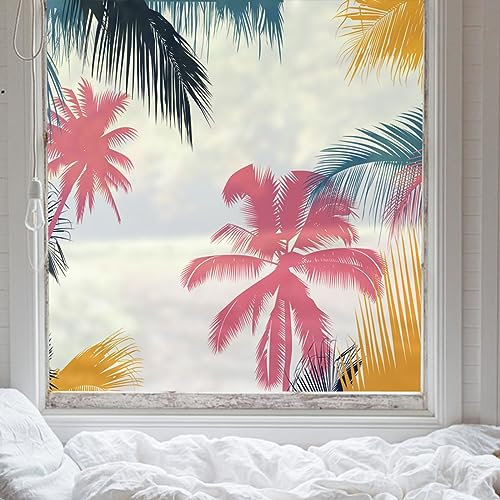 Fensterfolie Rosa Palme Sichtschutzfolie Fenster Static Milchglasfolie Folie Fenster Sichtschutz Klebefolie Fenster Home Office Fensterfolie Blickdicht 1P/58x60cm