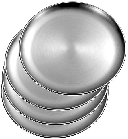 Set di 4 piatti piani in acciaio inox da 30 cm, piatti piani in metallo, piatti rotondi per pizza e pasta (confezione da 4, argento, 30 cm)
