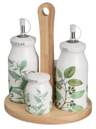 Set olio e aceto con saliera e pepe su supporto in ceramica bianco e verde
