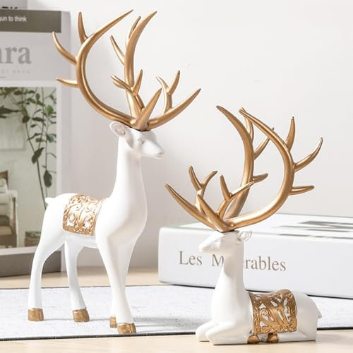 BZHIB 2 Stück Weihnachts-Rentier-Figuren-Dekoration, Stehendes Und Sitzendes Rentier, Weihnachts-Hirsch-Dekoration Für Den Innenbereich, Feiertags- Und Weihnachtsdekoration Für Zuhause,White