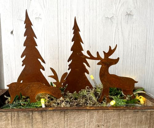 LB H&F 4er Set ROSTSTECKER Elch/Bäume Adventsdeko Weihnachtsdeko Gartendeko Edelrost Tannenbaum Dekoration Hirsch Dekofigur Adventskranz Herbst Winter Metall Rost