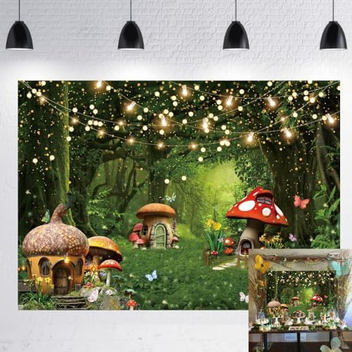 LTDKAEN 7x5FT Fairy Tale Mushroom Garden Photography Backdrop | Magic Forest Wonderland Photo Decoration,Spring Green Enchanted Forest Background Baby Shower Birthday Party Decor,Vinyl