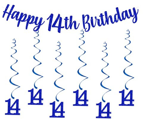 Bng-Bng 【14 Geburtstag Dekorationen】 Blau Wimpelkette Banner, hängende Wirbel, Luftschlangen & Banner für Jungen 14 Geburtstag Party Dekor