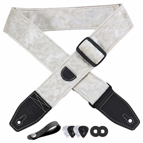 YIKOKO Gitarrengurt 2 Zoll Samtgitarrengurte mit Vollnarbenlederende, für Bass-, Elektro- und Akustikgitarren, kostenloser Gurtknopf, 2 Gurtschlösser und 4 Gitarrenplektren