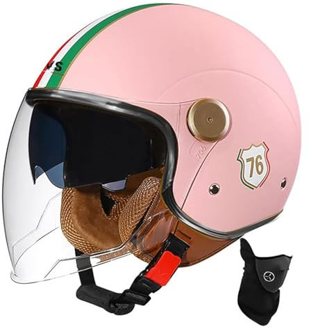 Open-Face-Motorradhelm Mit Visier, Half Face Scooter Helm Für Damen Herren Moped Vintage-Straßenfahrradhelm ECE-Zugelassener E,M56-57CM