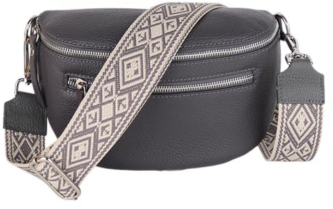 MIRROSI® Damen Bauchtasche Umhängetasche 27x14,5x8cm Damen, Made in Italy, aus Echtleder Tasche Echtes Leder, Brusttasche, Crossbody Bag,Bohemian Style (1 Tasche 2 Gurte) (Dk.Grey Karo)