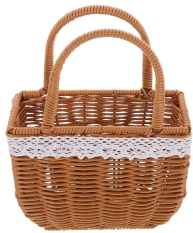 Ciieeo Natürliche Handgewebte Weidenhandtasche Damen-Strandtasche Rechteckiger Korb Geldbörse Spitzenrand -Clutch Strohtasche Blumenmädchen-Korb Für Brautjungfern-