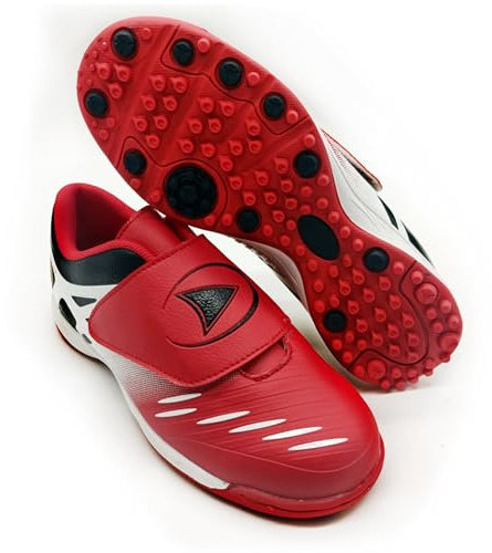 ➤ Scarpe da Calcio per Ragazzi Senza Lacci Scarpe da Calcio per Erba Sintetica Micro Borchie Chiusura con Gancio e Anello Scarpe Sportive per Bambini Rosso Nero Bianco Taglia 33