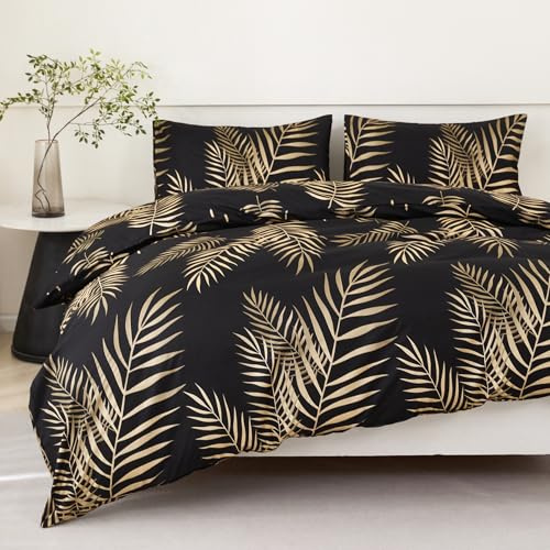 Jemiipee Bettwäsche 155x220 cm Schwarz Gold, Bettwäsche-Set mit Tropisches Blattmuster, Bettbezug 155 x 220 Kissenbezug 80x80, Deckenbezug Wendebettwäsche Weich mit Reißverschluss