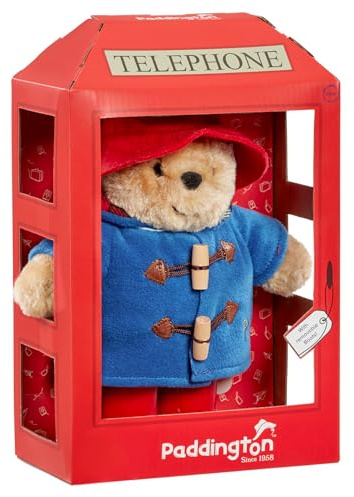 Rainbow Designs Paddington Bear Plüschtier in britischer Telefonzelle – Plüsch-Teddy mit rotem Hut, blauem Dufflecoat & Gummistiefeln – Stofftier zum Sammeln in ikonischer Verpackung
