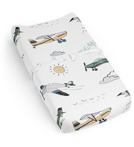 Sweet Jojo Designs Vintage Airplane Boy Baby Changing Pad Cover Sheet Infant Newborn Diaper Table Change Mat Cover Grey Green Blue White Yellow Airplanes Plane Transportation Clouds Sun Sky Aviator