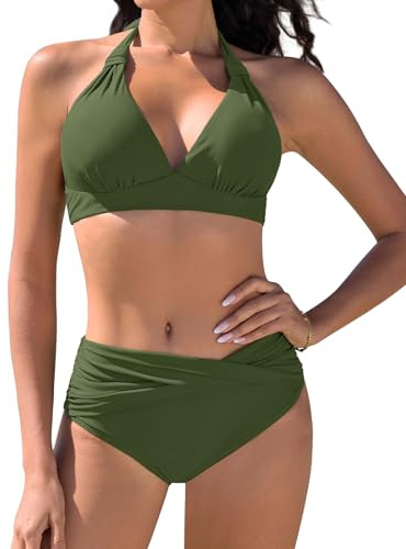Vijamiy Maillot de Bain Femme 2 Pieces Bikini Set Haut Sexy Swimwear Tankinis Bretelles Suspendues au Cou(Vert,L)