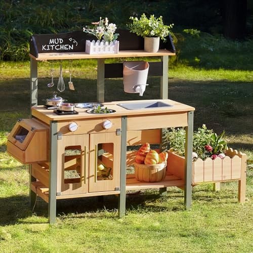 ROBUD Wooden Mud Kitchen for Kids - Outdoor Play Kitchen with Real Faucet, Planting Box, Insect Observation - Garden Toy Kitchen for Pretend Play - Kids Gifts Age 3+
