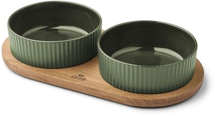 DOG Copenhagen Kronborg Food Bar - Ceramic Food and Water Bowl Set with Stand - Dishwasher Safe - Non Slip - Nordic Design Stoneware, M, Racing Green/Oak