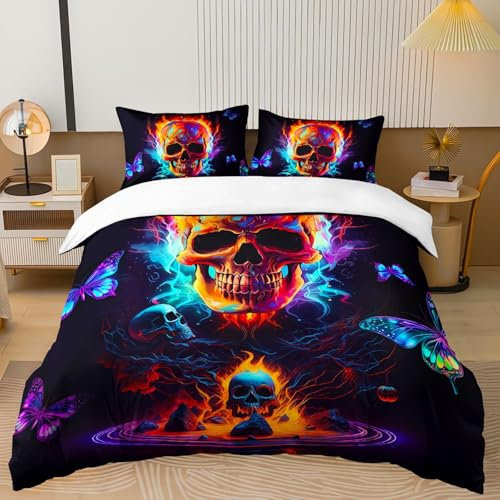 RZPFQB Totenkopf Gothic Kinder Bettwäsche 155x220 Bettwäsche Set für Teens Jungen Mädchen Kinderbettwäsche Schwarz Blaue Bunt Flamme Schmetterling Druck Bettbezug Set Halloween Schädel Bettwäscheset