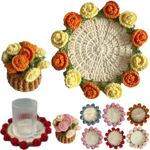 Crochet Flower Blanket Coasters, DIY Handmade Vintage Crochet Rose Flower Bouquet-Material Pack, Soft Rose Flower Bouquet Knitted Decorative Coasters Gift for Mother's Day Birthday Home Decor