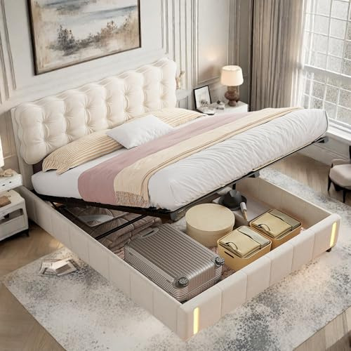 Polsterbett 140x200 mit bettkasten, LED Bett mit Stauraum, Mit 120°Abstrahlwinkel, Doppelbett mit gepolstertes Kopfteil, Boxspringbett Jugendbett Bettgestell mit Lattenrost, Samt, Beige (140×200cm)