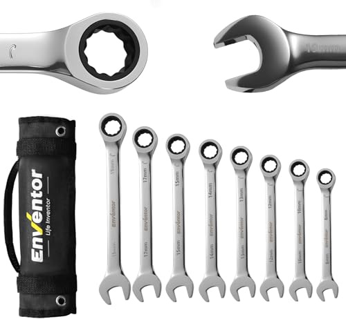 Enventor 8-teiliger Ratschenschlüssel Set, 8mm bis 19mm, Rolltasche | Maulschlüssel set, 72 Zähne, 5° Schwenkbereich, Chrom-Vanadium-Stahl (CR-V), Heimwerkerwerkzeuge, Werkstattwerkzeuge