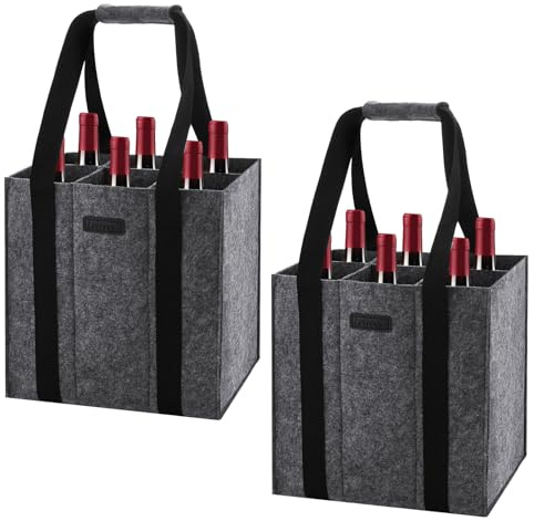 Lewooilt 2 Pack Wine Carrier Bag 6 Bottles, Reusable Felt Wine Bottle Bag Holder with Handles Shape-Retaining Bottle Bag for Transporting Liquor, Champagne, Beer, Drinks, Water Bottles, Dark Gray