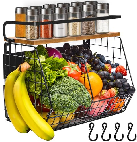 Lermende Magnetischer Hänge-Obstkorb & Gewürzregal: 2-in-1 Magnetregale für Kühlschrank Organizer, Küchenorganizer ohne Bohren mit Holzdeckel und 4 Haken für Waschküche, Küche.