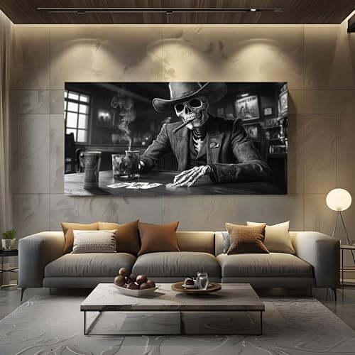 Bilder für die Wand Horror skelett Leinwandbilder Groß für Schlafzimmer | Western Style Cowboy Wandbild für Wohnzimmer, XXL Kunstdruck auf Leinwand Gothic Schädel 80x160cm Wanddeko Kunst