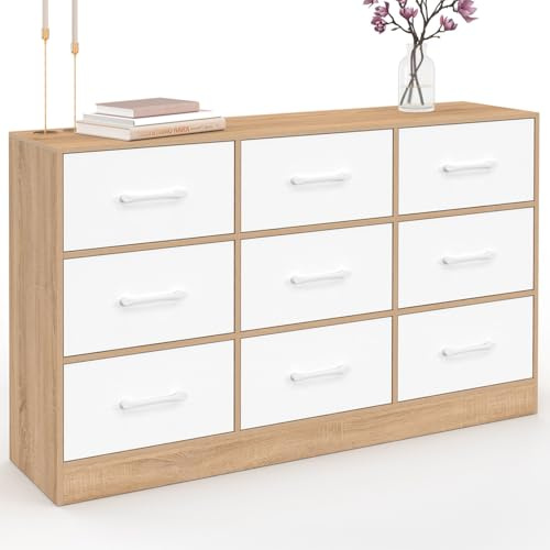 IDMarket - Kommode mit 9 Schubladen aus Stoff UPPAH 113 cm Aufbewahrungsmöbel aus Holz in Buchenholzoptik und Weiß