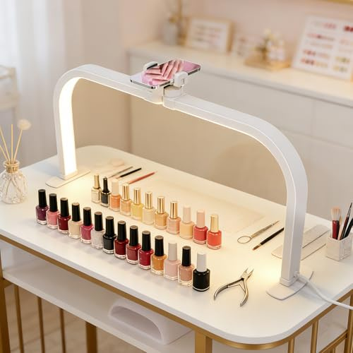 Lmaqfum 40W Nail Desk Lamp, 28 Nail Light for Desk with Phone Holder, Square Foldable Half Moon Light for Nail Desk, 3000-6000K Lash Lights for Lash Tech Eyelash Extension, Tattoo, Eyebrows (White)