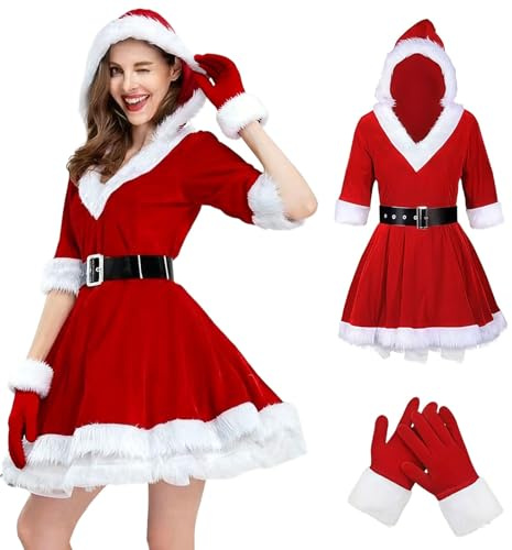 Weihnachtsmann Kostüm Damen Rot Weihnachtskostüm Frauen Komplettset mit Weihnachtsmütze Handschuhe Strümpfe Sexy Samt Weihnachtskleid Cosplay Weihnachten Karneval Fasching Weihnachtsfrau Kostüm
