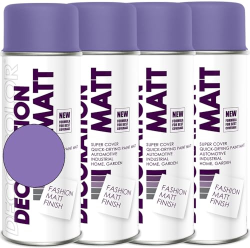 Deco Color 4er Sparpack Lackspray Matt nach RAL in 400ml zur Lackierung von Auto Stahl Aluminium Beton Holz (4 Dosen in violett MATT RAL 4005)