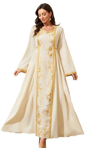 Aibaowedding Muslimische Kleider Damen Abendkleid Dubai Stil Kaftan Robe in Voller Länge Stickerei Blumendruck Islamische Türkische Marokkanische Kleider Hochzeit Abend
