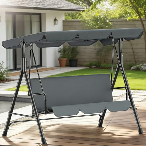 Ferzone Hollywoodschaukel 3-Sitzer, Gartenschaukel mit Verstellbarem Sonnendach, Hollywoodschaukel UV-Schutz Wetterfest,Gartenschaukel 220kg Belastbar 175 x 110 x 152cm, für Terrasse Balkon, Grau