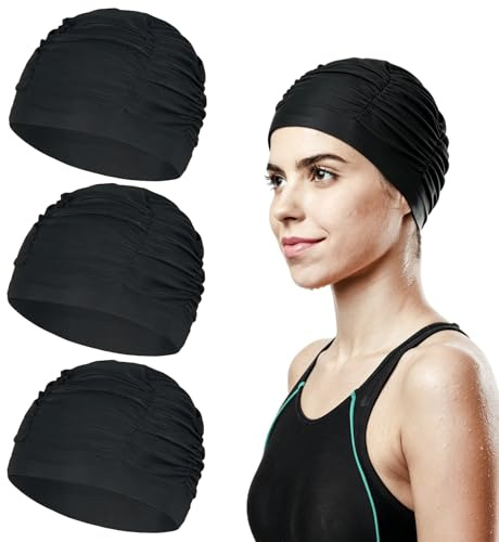 3 Piezas 25x15mm Gorros Piscina Mujer de Tela Elástica, Cómodo Gorro de Natación en Poliéster, Gorros Tela Piscina de Adulto, para Cabello Largo, Playa, Deportes, Proteger del Sol, Negro