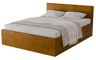 Meblofun Polsterbett DONA mit Kopfteil, 160x200 cm, Doppelbett mit Bettkasten und Lattenrost aus Holz, Velourstoff, Farbe: Gelb