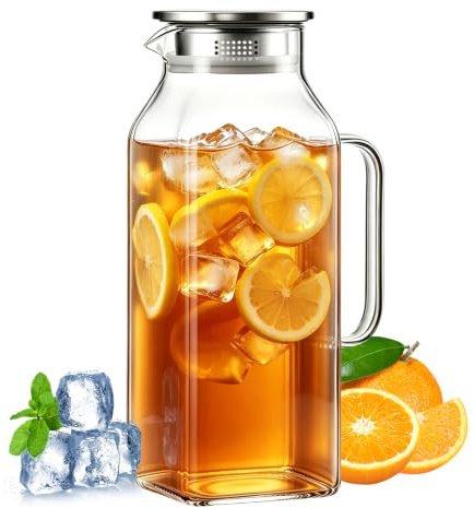 Carafe en verre de 2 litres avec couvercle scellé, facile à nettoyer, résistante à la chaleur, avec poignée, carafe à eau carrée pour eau froide chaude, thé glacé, vin, jus, thé, lait