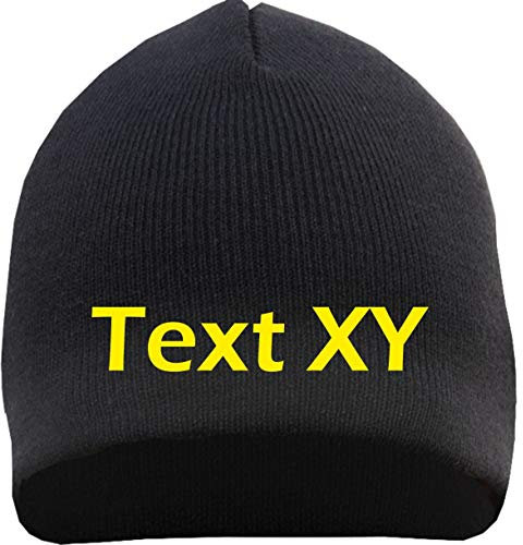 HB_Druck Beanie mit Wunschtext - Blockschrift - Bestickt - Mütze Strickmütze Stickfarbe: gelb