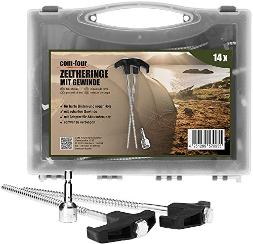 COM-FOUR® 14x estacas para tienda de campaña de acero con adaptador de destornillador inalámbrico - estacas atornillables en estuche de transporte - estacas roscadas estables para acampar y exteriores
