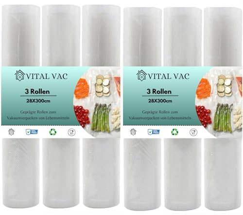 VITAL VAC® Vakuumierbeutel | 6 Rollen 28 x 300 cm | Vakuumbeutel Lebensmittel für Vakuumiergerät | Geeignet für Konservierung, Gefrieren, Mikrowelle und Kochen (28cm)