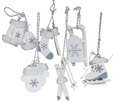 6 TLG Set Christbaumschmuck Weiss Holz Schlittschuhe Ski Schlitten OTH Baumschmuck Nostalgie Alpen Winter Chirstbaumdeko Hänger Holzdeko